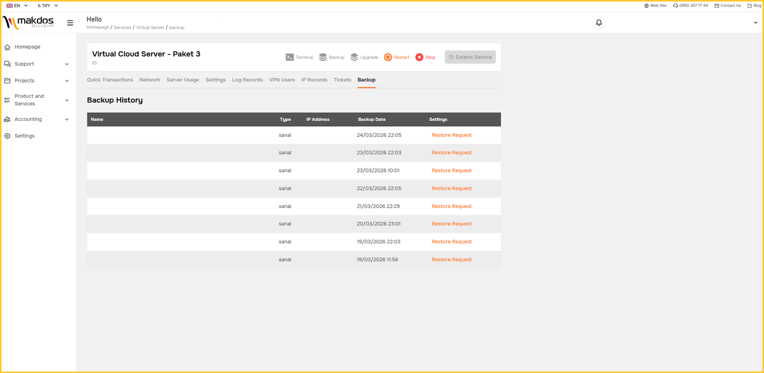 Enterprise interface showing the Makdos virtual server backup service.