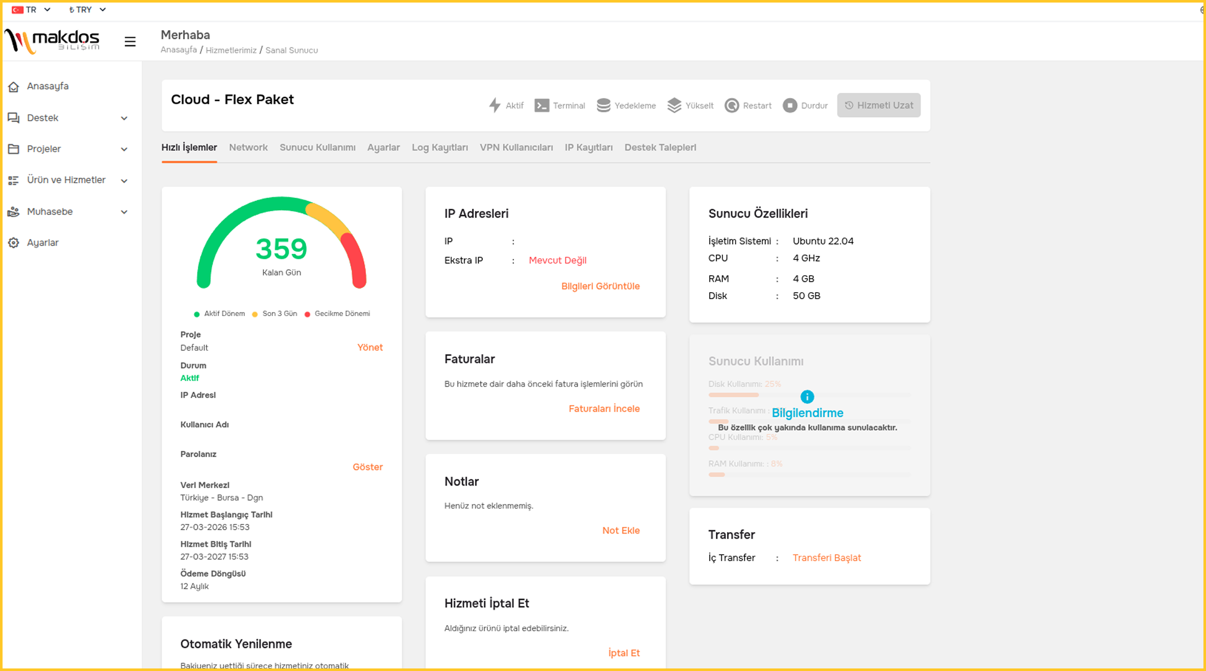 Makdos Bulut Sunucu yönetim paneli