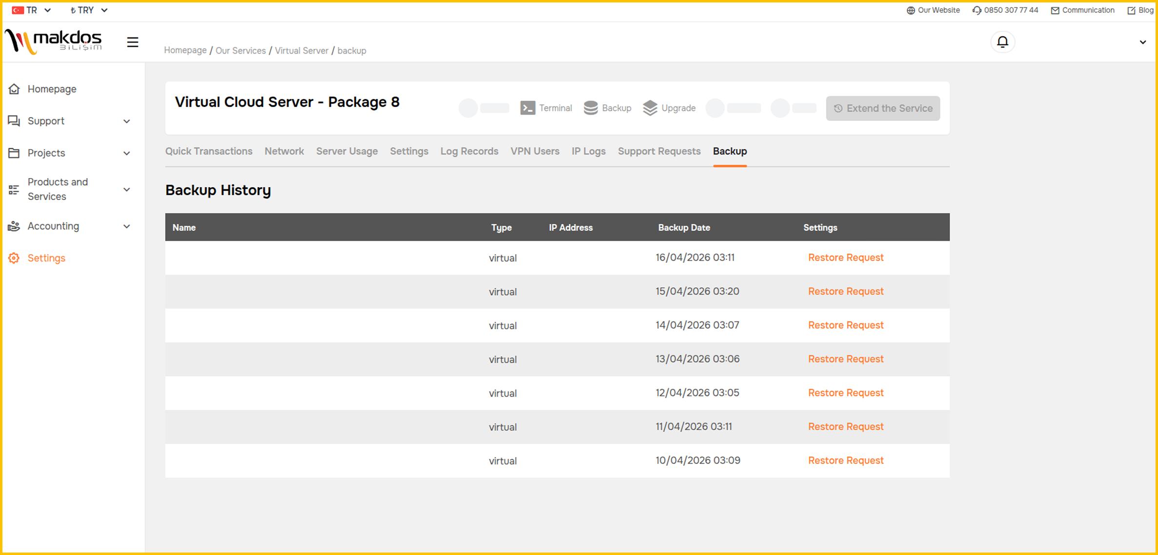 Makdos cloud server management panel, including backup options.