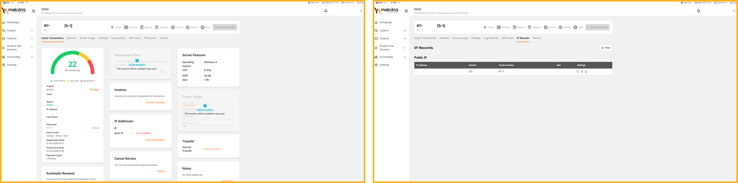 Makdos customer panel dedicated server management screen