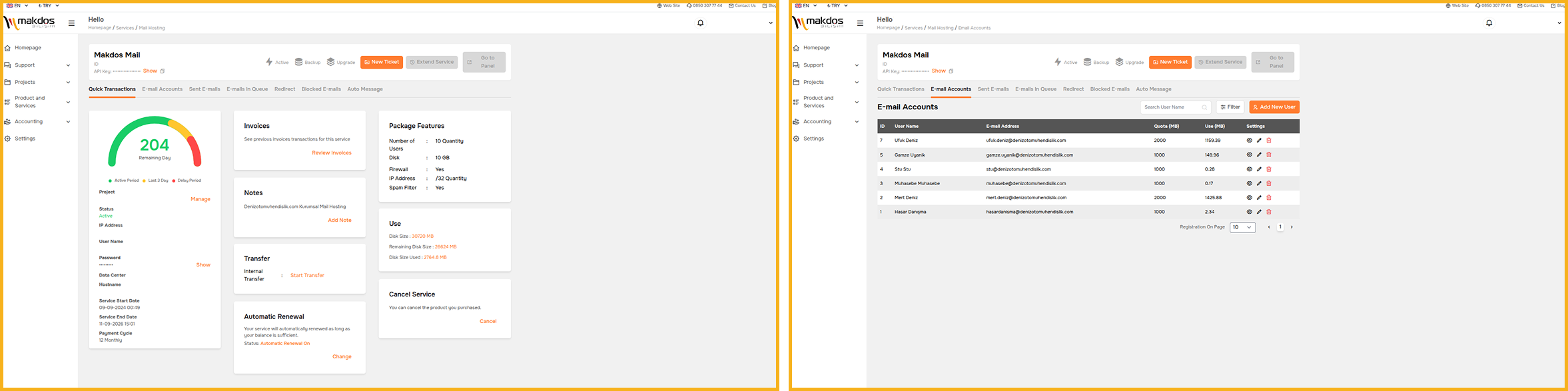 Makdos customer panel Mail Hosting service page