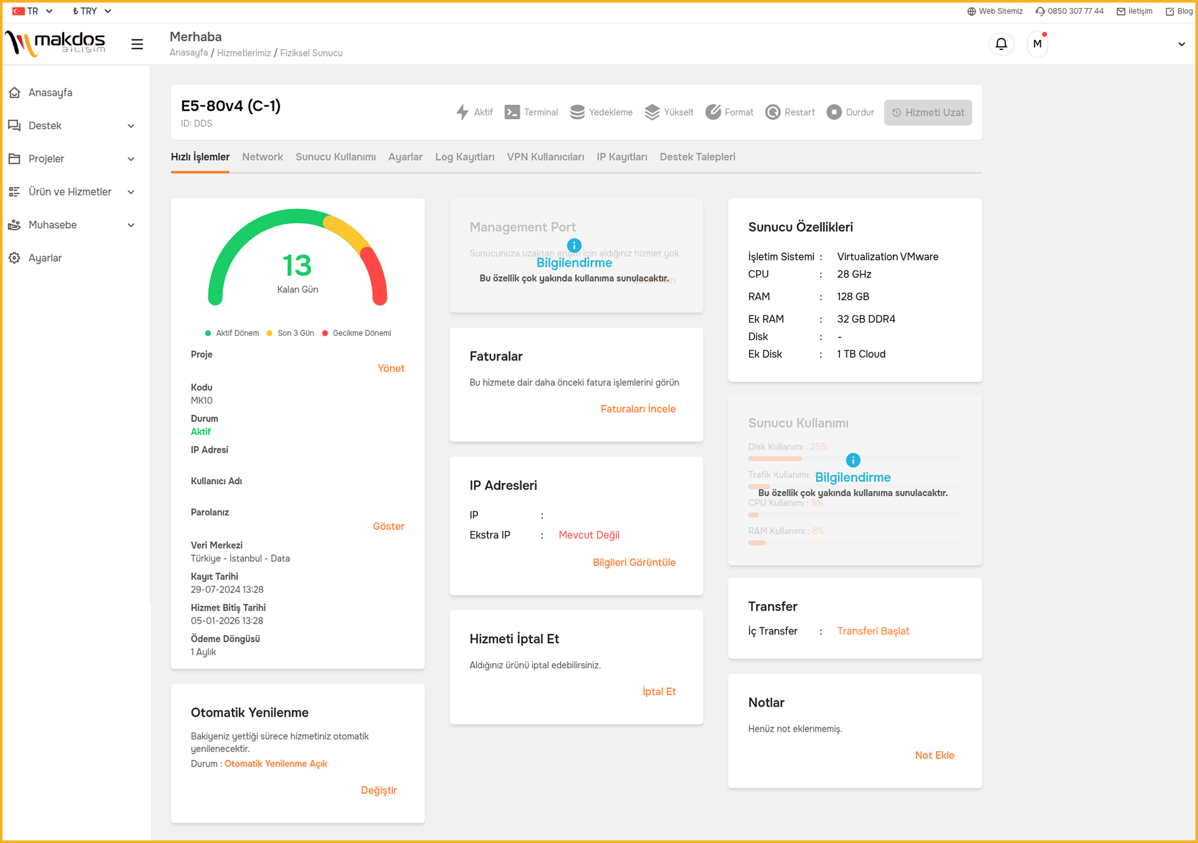 Makdos Dedicated Sunucu yönetim paneli