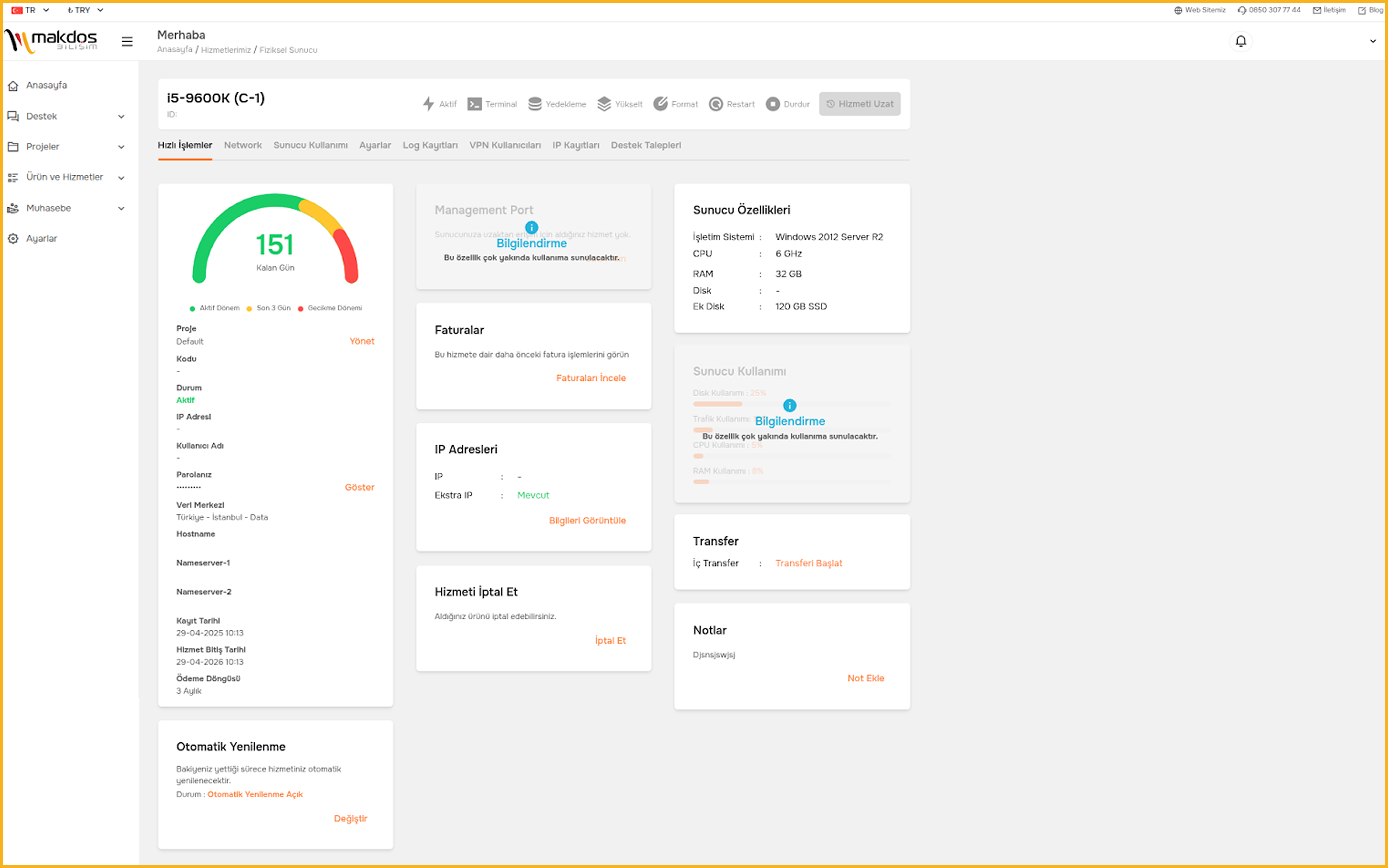 Fiziksel sunucu yönetim paneli ekran görüntüsü
