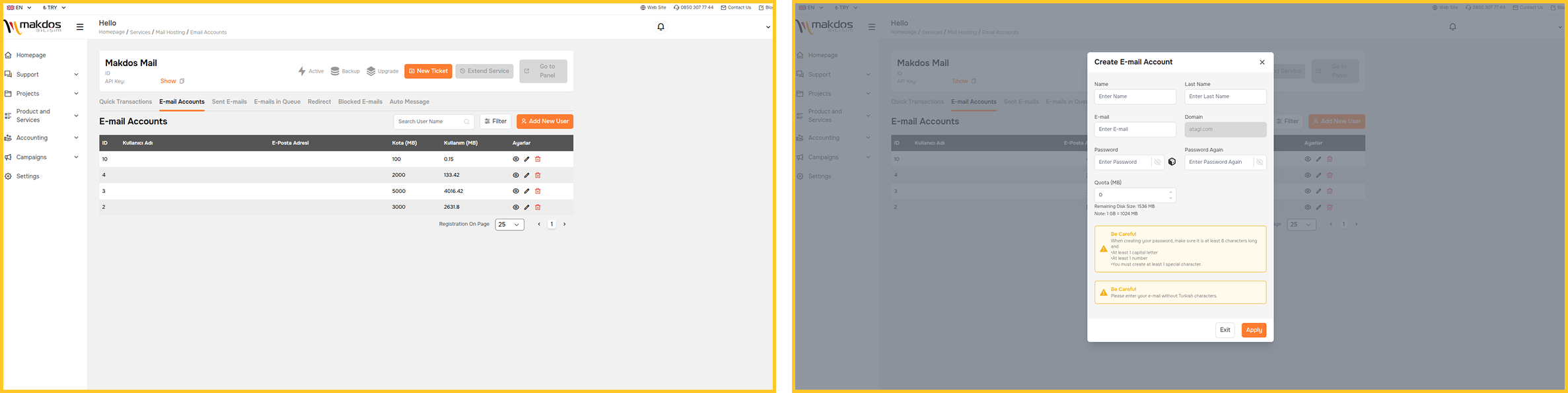 Creating a business email account in the Makdos control panel