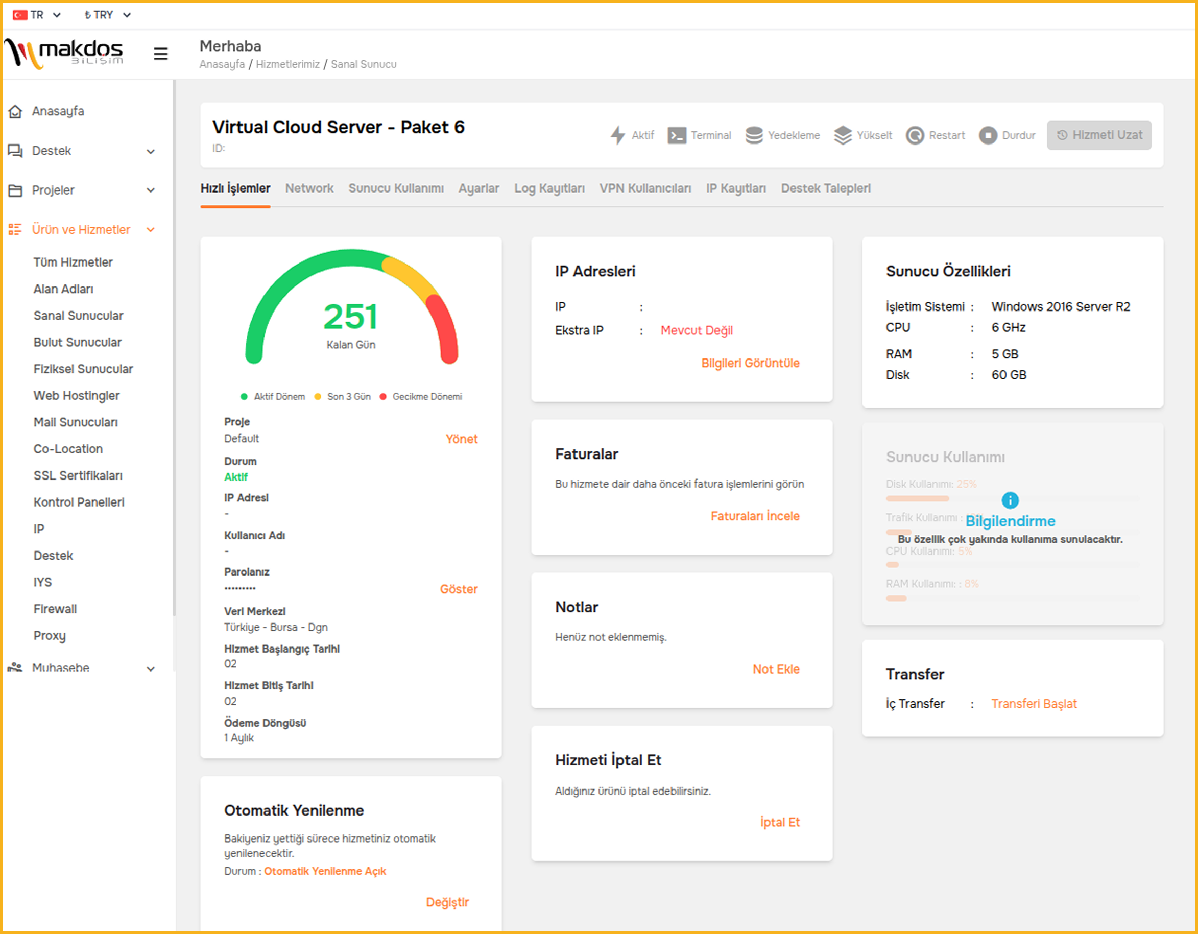 Makdos sunucu yönetim paneli ekran görüntüsü. Sunucu durumu, kaynak kullanımı ve yönetim araçları kolay ve anlaşılır bir arayüz üzerinde gösteriliyor
