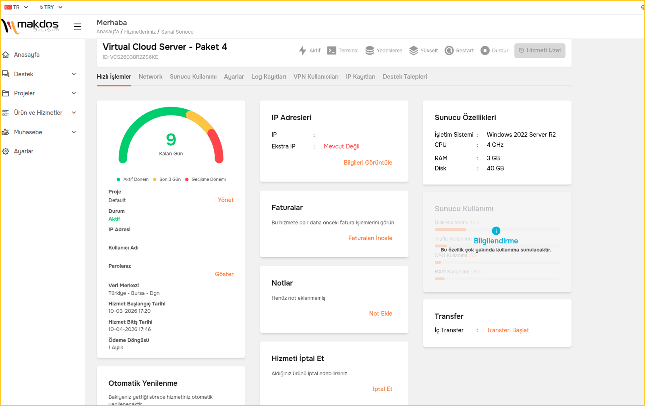 Makdos Virtual Server control panel and resource management