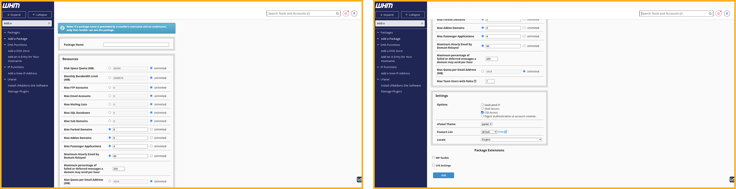 Package creation screen in the WHM interface.
