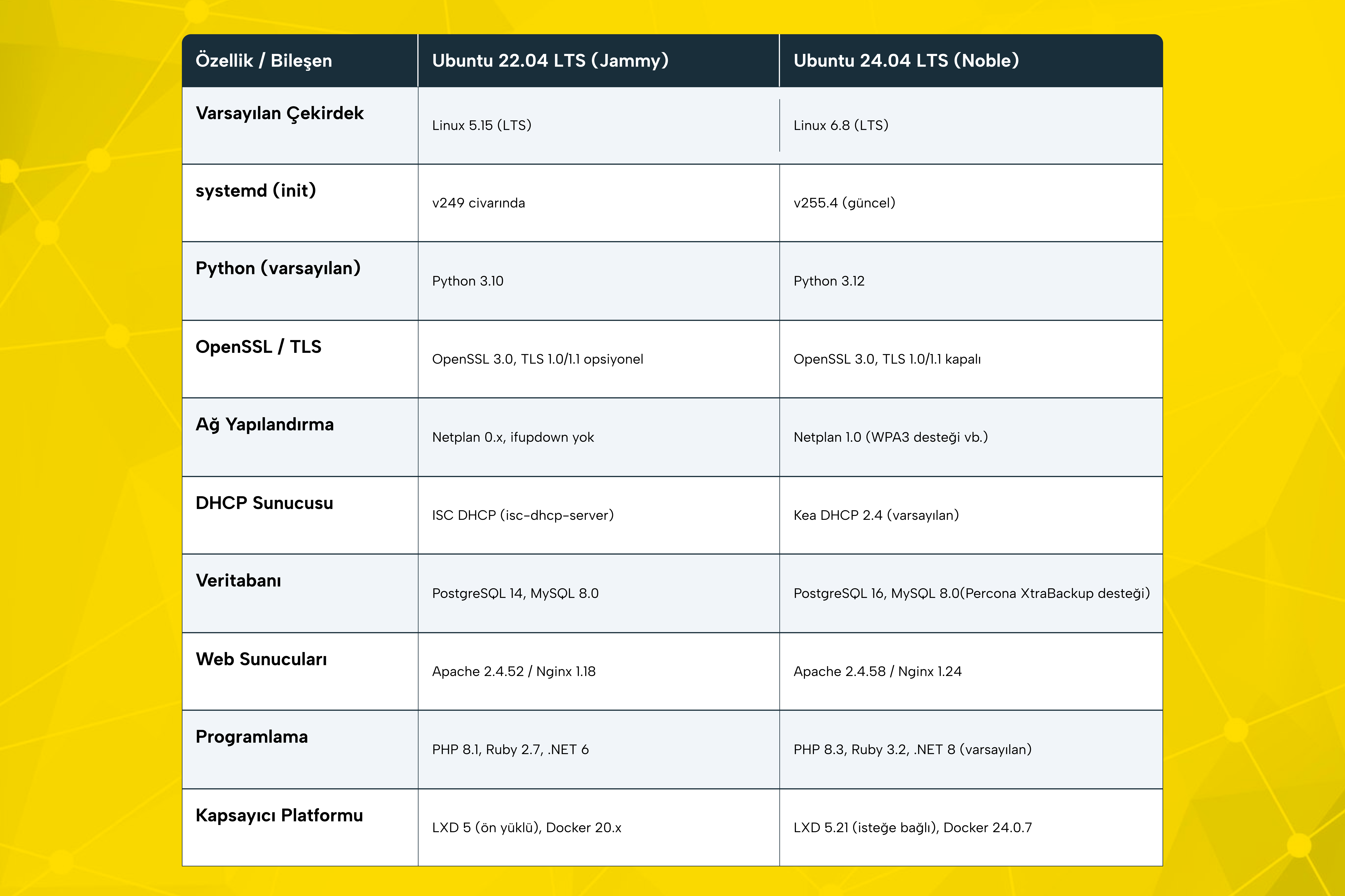 Ubuntu 22.04 LTS vs Ubuntu 24.04 LTS Karşılaştırma Tablosu