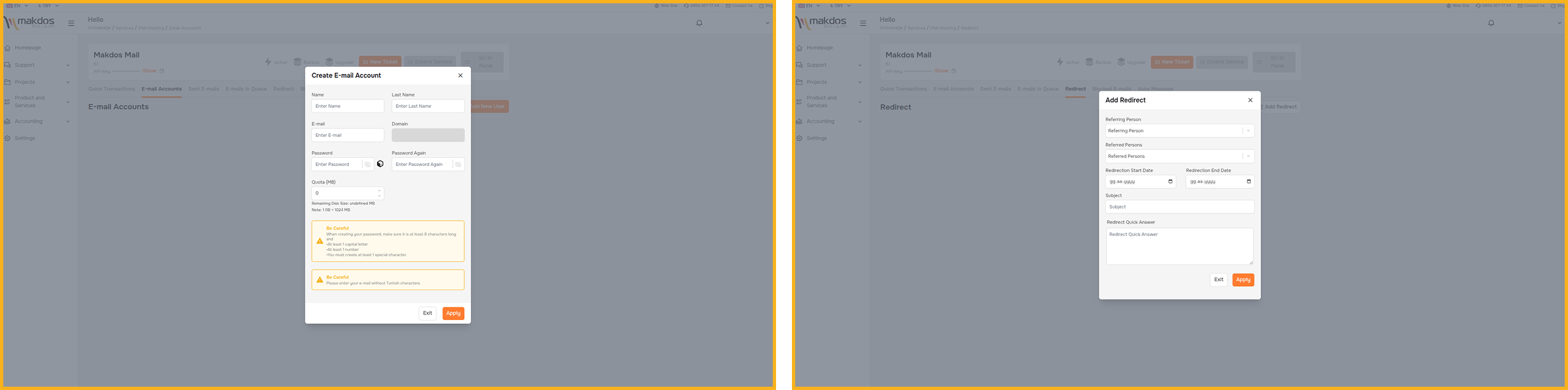 User addition, password reset, and redirection settings screen in the Makdos panel.